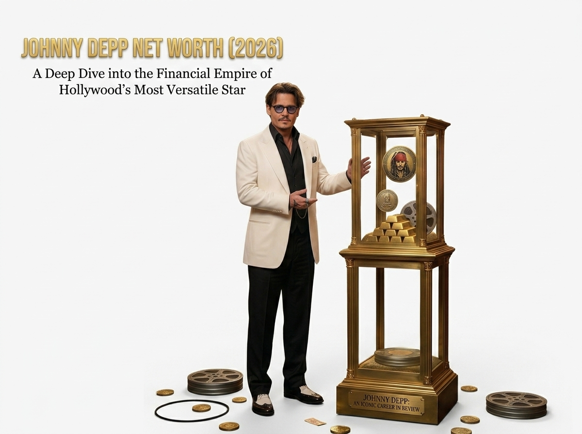 Depp net worth — Hollywood actor in a black suit and sunglasses against a luxurious dark-gold background.