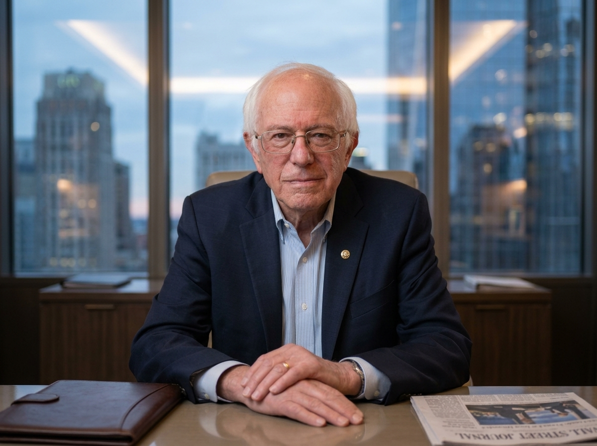Bernie Sanders net worth 2026, American senator speaking at a podium with a financial-themed background.